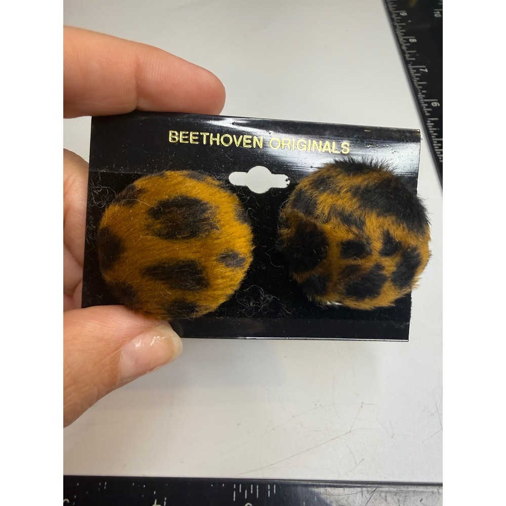 Beethoven Originals Faux Fur Leopard Print Clip On Button Earrings Brown Black